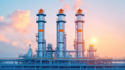 Fototapeta premium Fuel Processing Plant at Sunset with Towering Structures