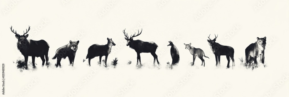 Poster the artwork displays minimalistic ink silhouettes of various wild animals, creating a serene atmosph