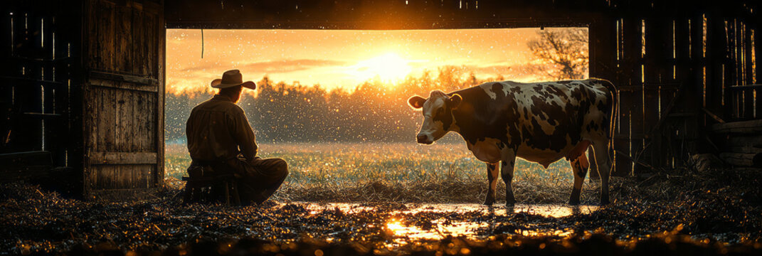 A traditional milking scene inside a barn, with the farmer sitting on a low stool beside the cow, surrounded by warm, natural light and earthy textures,