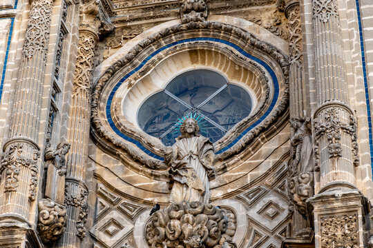 Walking in old part of Jerez de la Frontera, Sherry wine making town, Andalusia, Spain in summer, architectural details, Andalusian style, churches and towers
