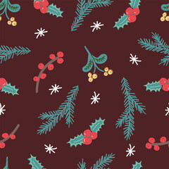 Obraz premium Christmas botanical seamless pattern. Winter plants on blue background. Wallpaper with pine branches, mistletoe, and holly berry. Holiday decoration elements on dark red background.