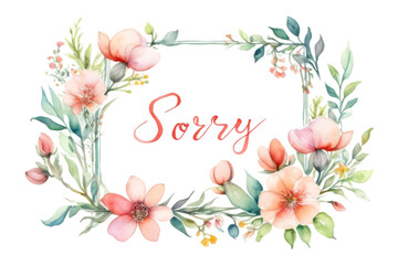 Delicate watercolor floral frame with soft pastel flowers surrounding word Sorry. Gentle hand drawn flowers create elegant and heartfelt expression. National Sorry Day. For express apologies