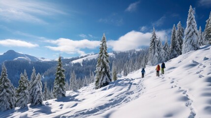 Winter hiking in the mountains on snowshoes with a backpack and tent.