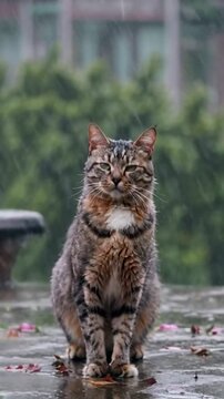 Un chat tigr&eacute; majestueux, assis sous la pluie