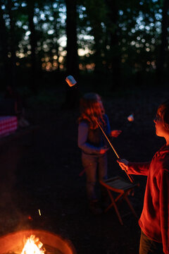 Children Roasting Marshmallows by Campfire at Dusk
