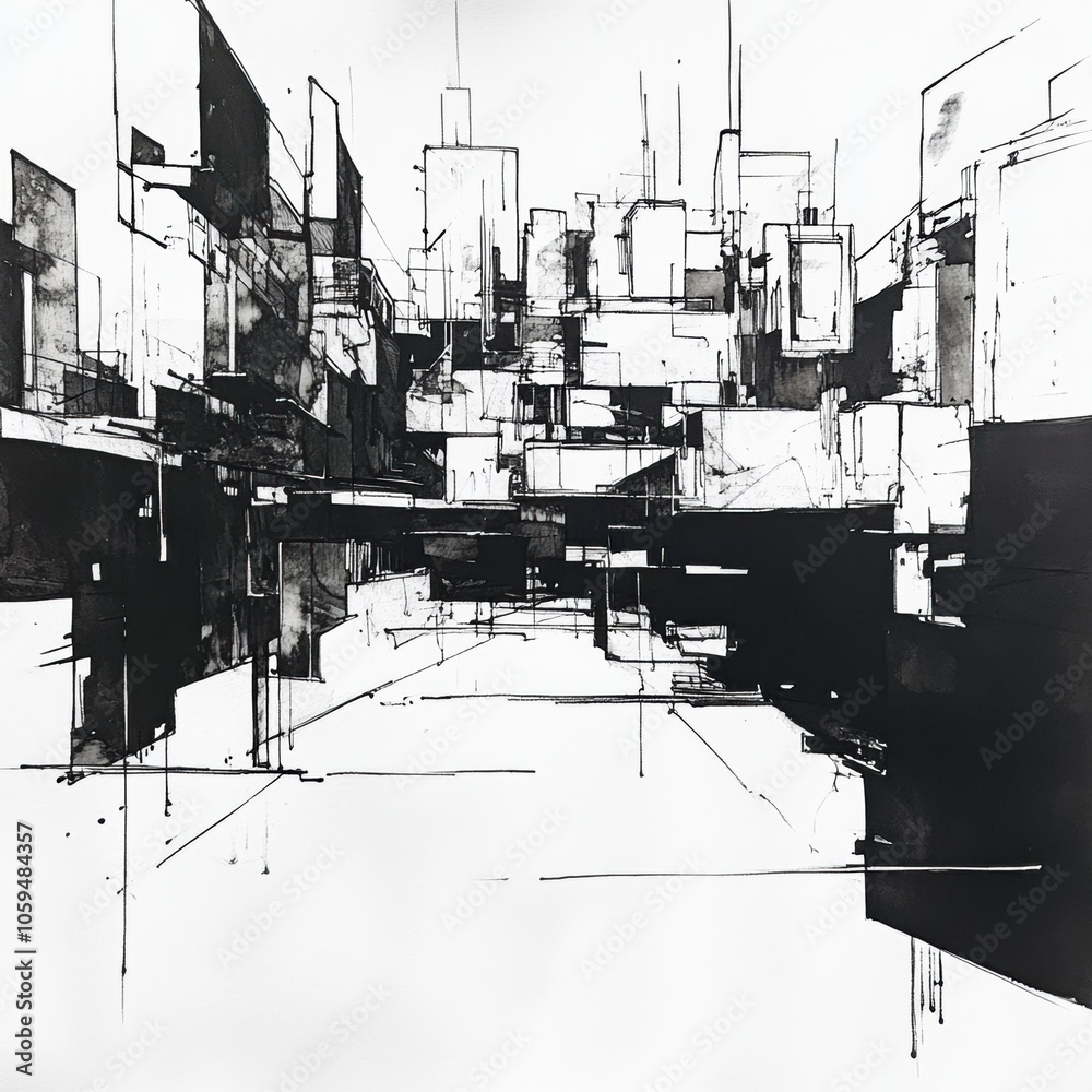 Poster a bustling urban landscape is illustrated in bold black ink, featuring intersecting lines and geomet