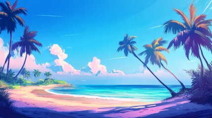 Fototapeta na wymiar Summer beach landscape. Tropical island paradise. Exotic coast, palm trees, pristine sea, blue happy sky. Amazing nature pattern. Exotic destination travel background, vacation mood perfect wallpaper 