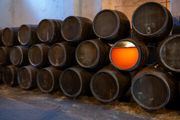 Flor, film of yeast in solera system in old Andalusian wine cellar, process for aging sherry wine in barrels, jerez fortified wine, Sanlucar de Barrameda, Cadiz, Andalusia, Spain © barmalini