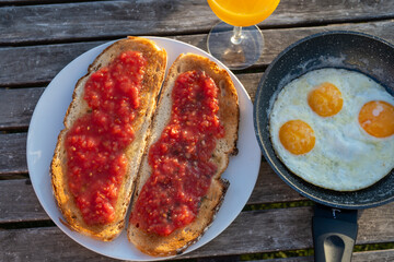 Traditional andalusian breakfast on roof patio with bread toasts, fresh ground tomatoes sauce and olive oil, Sevilla, Andalusia, Spain.