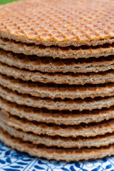 Traditional Dutch sweet dessert, Butter caramel syrup waffles, fresh baked