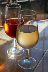 Sherry fino, manzanilla, olorosso wine, jerez fortified wine made from palomino white grape served in Jerez de la Frontera, Cadiz, Andalusia, Spain