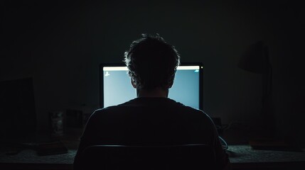 A man intensely focused on a computer screen in a low-lit workspace representing technology analysis and productivity