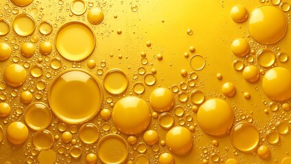 Abstract yellow background with transparent and opaque bubbles. Large and small bubbles on a bright surface