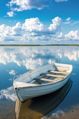 A weathered rowboat floating on calm lake with blue sky reflection