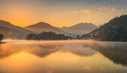 Tranquil Sun Moon Lake with Misty Mountains
