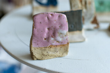 Samples of ceramic art objects and tabelware during workshop in art ceramic atelier in Poland
