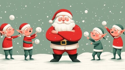 Fototapeta premium Mischievous Elves Play with Santa in Winter Wonderland