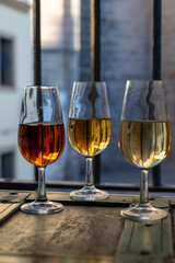 Sherry wine tasting, fino, olorosso, amontillado, cream jerez sherry fortified wine made from palomino white grape in bogedas in Jerez de la Frontera, Cadiz, Andalusia, Spain