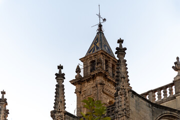 Walking in old part of Jerez de la Frontera, Sherry wine making town, Andalusia, Spain in summer, architectural details, Andalusian style, churches and towers