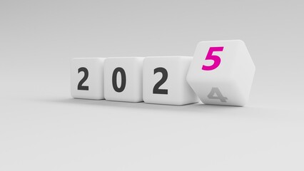 White dice rolling to 2025, next to 2024, on plain gray background