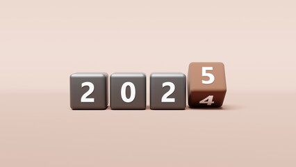Brown dice showing year transition from 2024 to 2025 on beige background