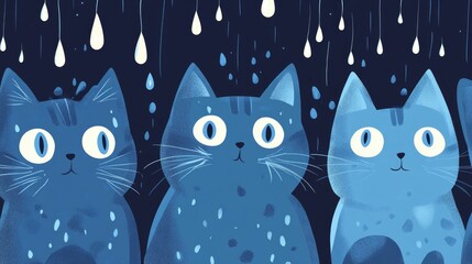 Obraz premium Three blue cats in rainy scene with droplets falling from sky, expressing blue monday concept