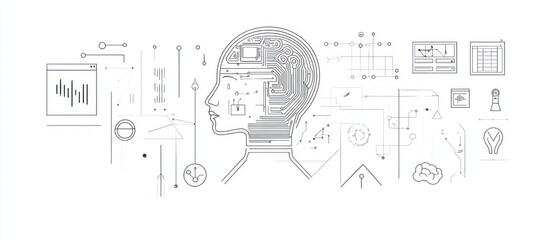 A human head with a circuit board inside, surrounded by various abstract shapes and lines.