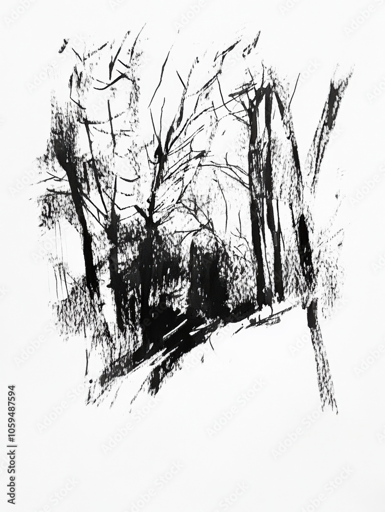 Aufkleber a detailed black ink sketch illustrates a dense forest with intricate trees and deep shadows, captur