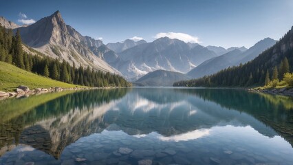 Fototapeta premium Stunning mountain lake reflecting the majestic peaks and clear blue sky in a tranquil setting