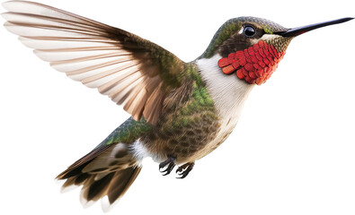 Fototapeta premium Hummingbird with iridescent green feathers in flight, close-up view. Nature and wildlife photography concept