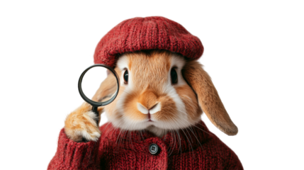 Adorable bunny detective in a red sweater and hat holding a magnifying glass, showcasing a charming and whimsical scene. isolated PNG transparent background.