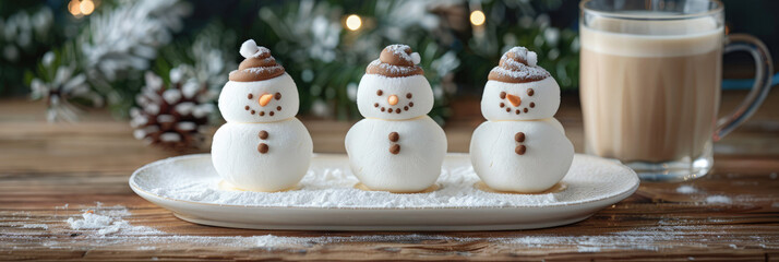 Christmas banner with group of funny edible snowmen and cup of hot seasonal cocoa made of marshmallows for coffee shop, cafe, holiday event planning