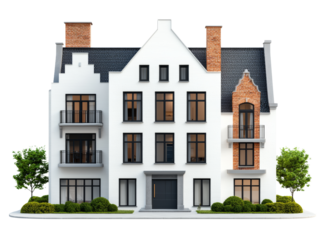Elegant, modern apartment building with brick details and large windows, showing urban architecture style. isolated PNG transparent background.