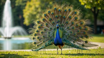 A beautiful Indian peacock walks in the park