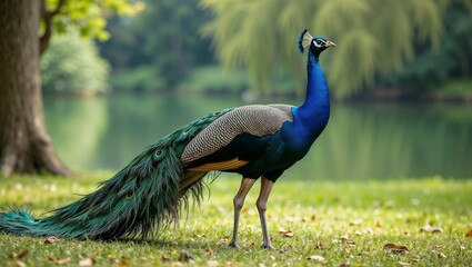 Obraz premium A beautiful Indian peacock walks in the park