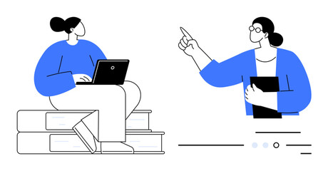 Female student sitting on stacked books while using a laptop, engaged in listening to female teacher holding a book and giving instructions. Ideal for education, learning, teaching, e-learning