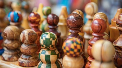 A closeup of a row of handcrafted wooden toys showcasing the intricate details and design.