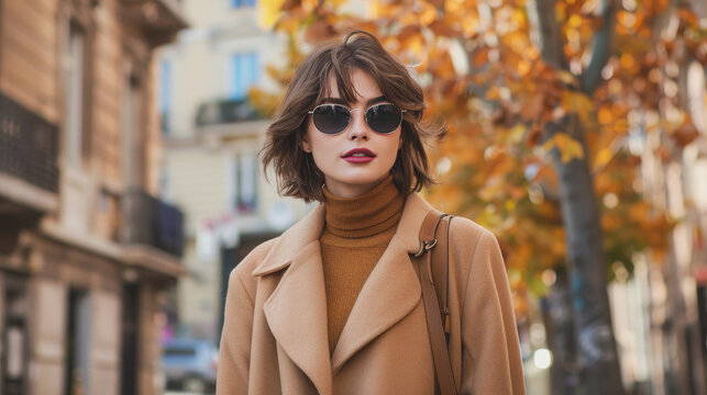 A woman wearing a brown coat and sunglasses is walking down a street
