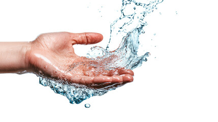 Fototapeta premium Close-up of a hand catching clear water splashing in mid-air, symbolizing freshness, purity, and cleanliness against a white background. isolated PNG transparent background.