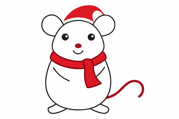  Vector Outline of A cute Mouse wearing a Santa clause hat and scarf on white background.