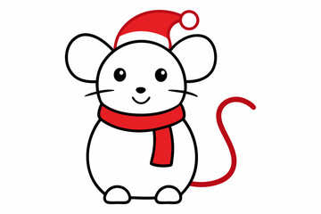  Vector Outline of A cute Mouse wearing a Santa clause hat and scarf on white background.