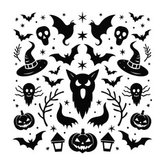 Halloween Elements Set of black and white silhouette vector illustration