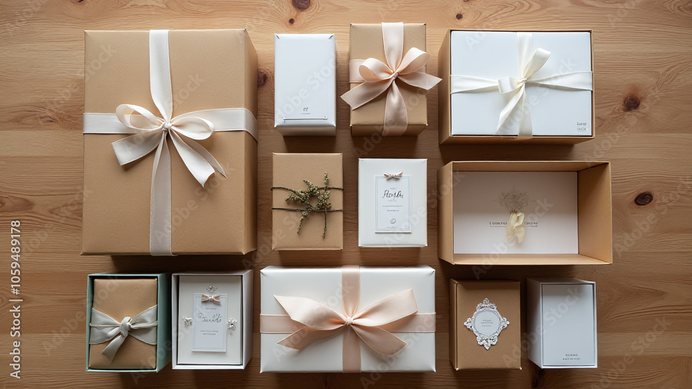 Aufkleber stylish craft boxes arranged on a wooden table in a flat lay display.