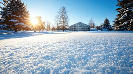 Obraz premium Winter landscape with fresh snow and sunrise behind trees and a distant building.