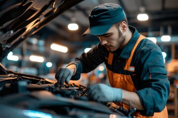 A mechanic in uniform working on a car in a clean well-lit garage ideal for promoting automotive repair services or vehicle maintenance content