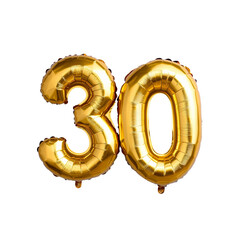 Shiny golden foil balloons shaped like the number 30, perfect for 30th birthday, anniversary celebrations, or festive decor. isolated PNG transparent background.
