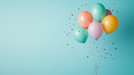 festive party balloons with confetti on light blue background, with copy space for text