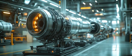 Fototapeta premium Close-up of a jet engine on an assembly line with other engines in the background.