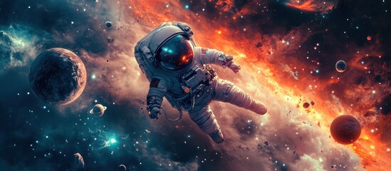 Fototapeta premium Astronaut floating in space with planets and stars in the background.