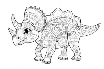 Fototapeta premium A playful cartoon Triceratops, intricately designed with hearts and patterns, perfect for coloring activities. Ideal for kids and art enthusiasts.